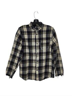 Fred Segal Hartel Heavy Yellow Plaid Flannel Shirt Frayed Henley Collar Medium M